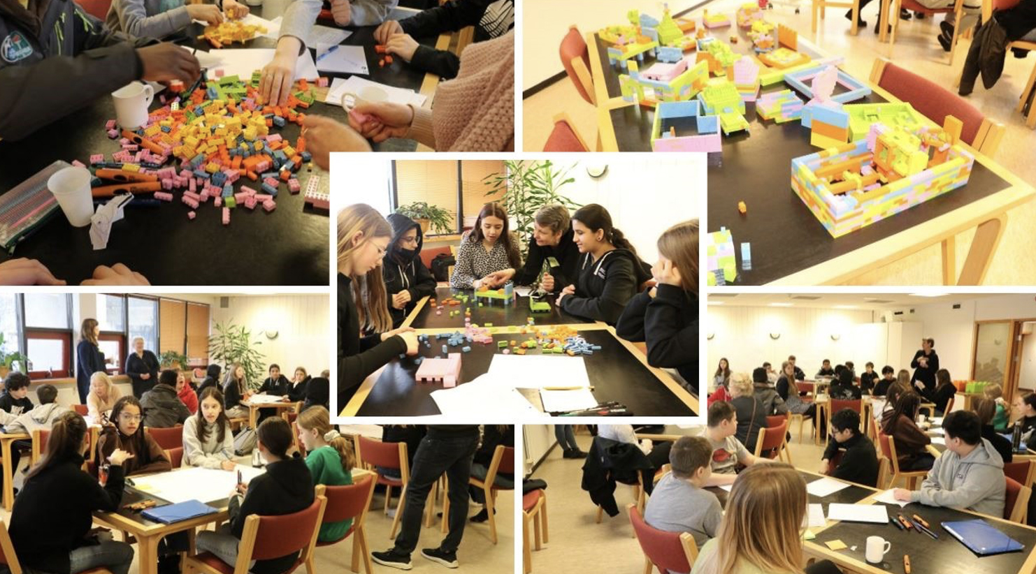 A collage of five images showing the participating learners engaged in an activity to use Lego blocks to re-create places within the school that they like.