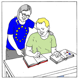 symbol-student sitting at desk with adult next to them supporting them to learn