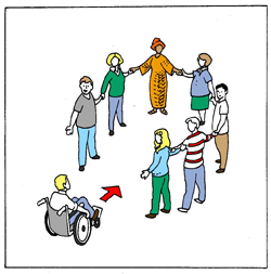 symbol of 7 people standing in a circle holding hands. A person in a wheelchair is coming towards them to be included in the circle