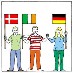 People waving country flags and holding hands