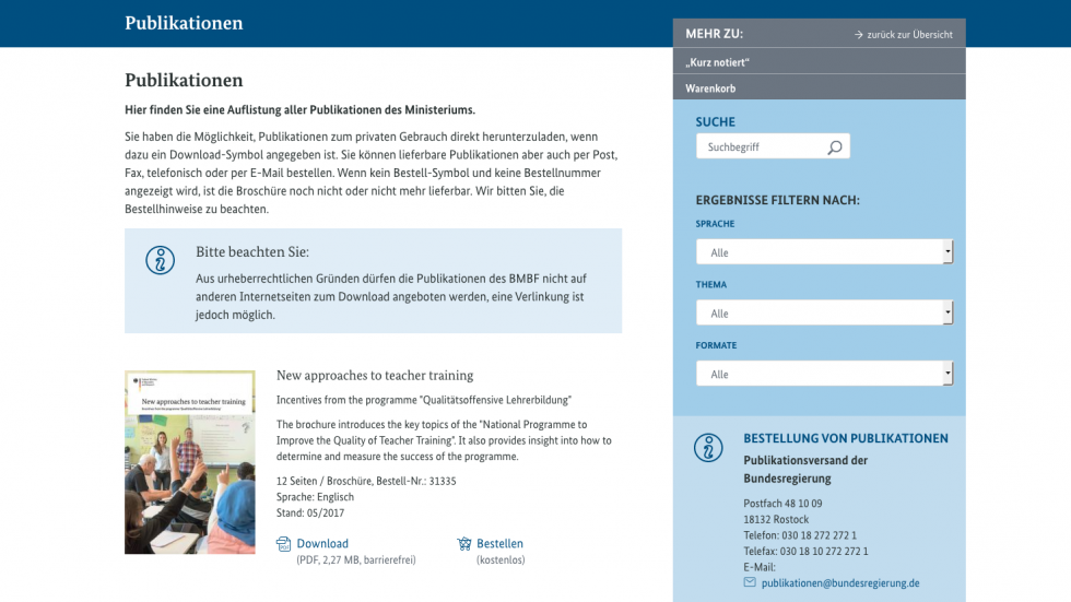 screenshot of the Federal Ministry of Education and Research website