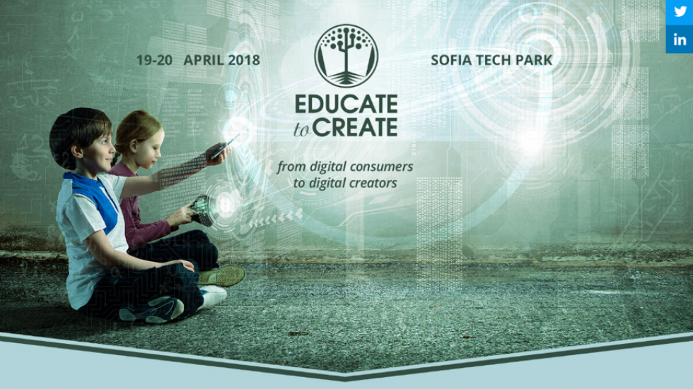 screenshot of the Educate to Create conference website website screenshot with two children using tablets