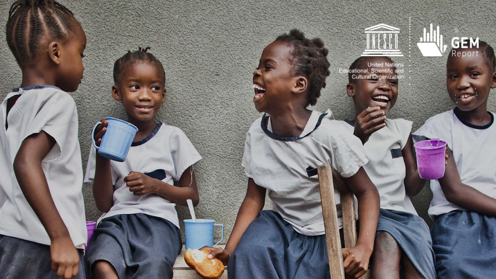 Image of schoolgirls having lunch. Title: There has been a huge leap forward in girls' education over the past 25 years. #Iamthe1stGirl. Logos: UNESCO, GEM Report