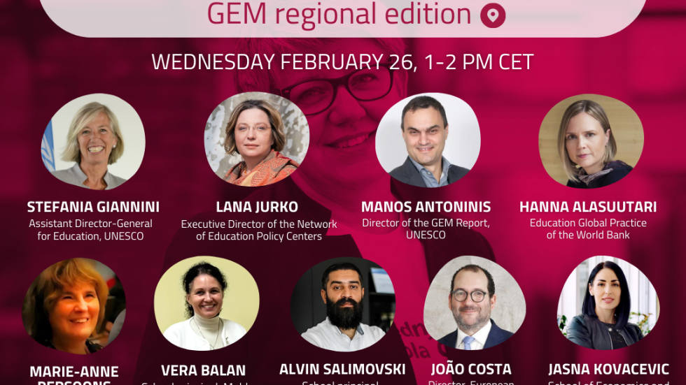 'Lead for Inclusion' regional GEM report - launch flyer GEM report launch flyer with faces of speakers and logos