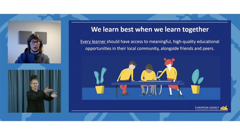 Elisabeth Högberg presents the Agency’s work during the online conference A screenshot of an online meeting, with two people on the right – a speaker and a sign language interpreter – and a slide on the left showing some animated figures, the Agency logo and the words 'We learn best when we learn together'