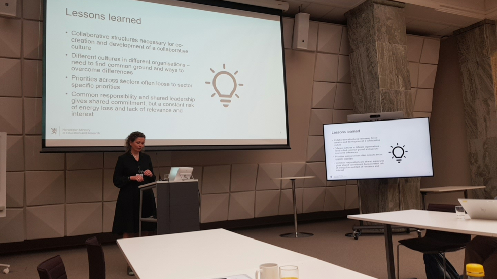 Norway’s Representative Board member Bodil Hafsås presenting at the event. A person presenting at the front of a room
