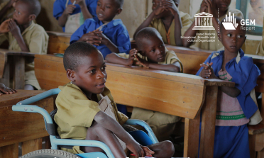 Children in a classroom with the caption 'Join the online launch of the 2020 GEM Report'