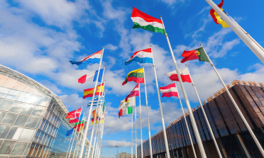 European flags against a blue sky