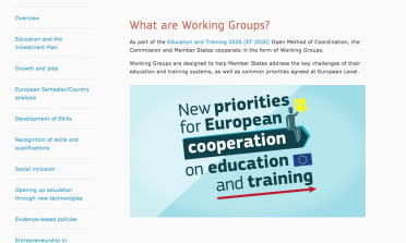 Screenshot of the Working Groups web area on the Education and Training website