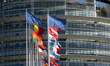 EU and member state flags fly outside the European Parliament building