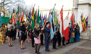 group of people holding European flags