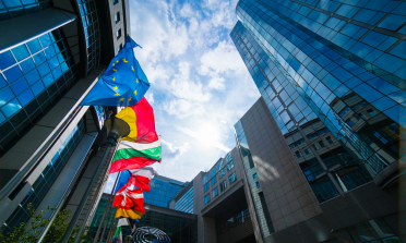 image of flags and buildings of the european parliament
