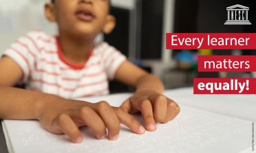 Image of a boy reading Braille, with the caption Every learner matters equally! and the UNESCO logo