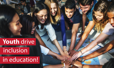 Young people joining hands, with the UNESCO logo and the caption 'Youth drive inclusion in education!'