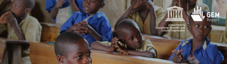 Children in a classroom with the caption 'Join the online launch of the 2020 GEM Report'