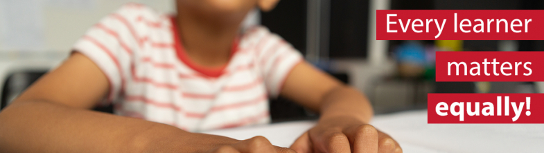 Image of a boy reading Braille, with the caption Every learner matters equally! and the UNESCO logo