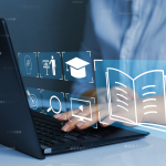 A person using a laptop with icons of books and school equipment