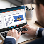 A person working on a laptop with the Agency position on inclusive education systems visible on the screen