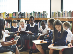 Young people in a school library setting