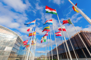 European flags against a blue sky