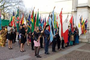 group of people holding European flags